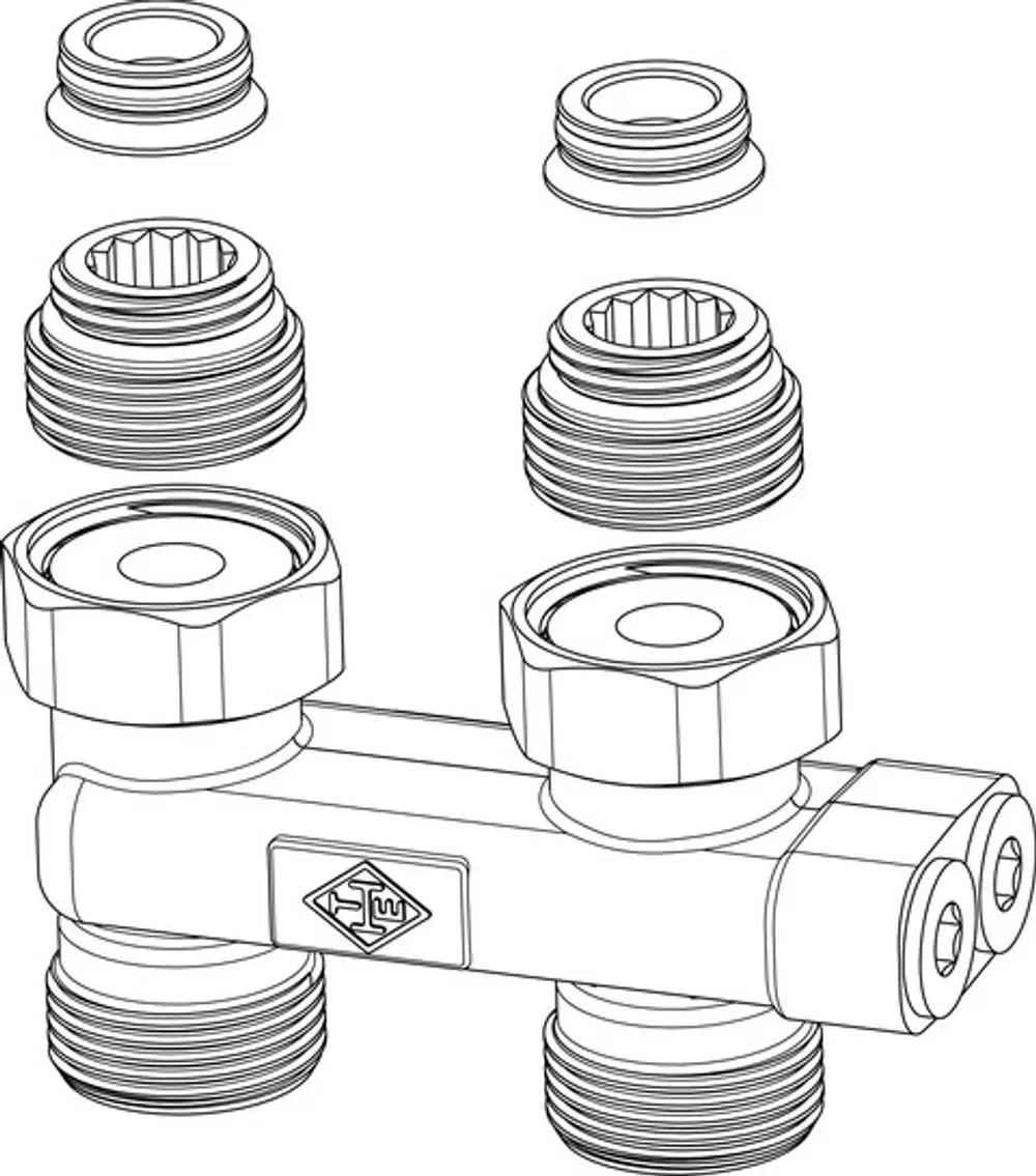 Zeichnung eines Umlenkstücks mit verschiedenen Anschlussstücken. Das Produkt stammt von IMI Hydronic Engineering und zeigt typische Verbindungen für Heizungsanlagen.